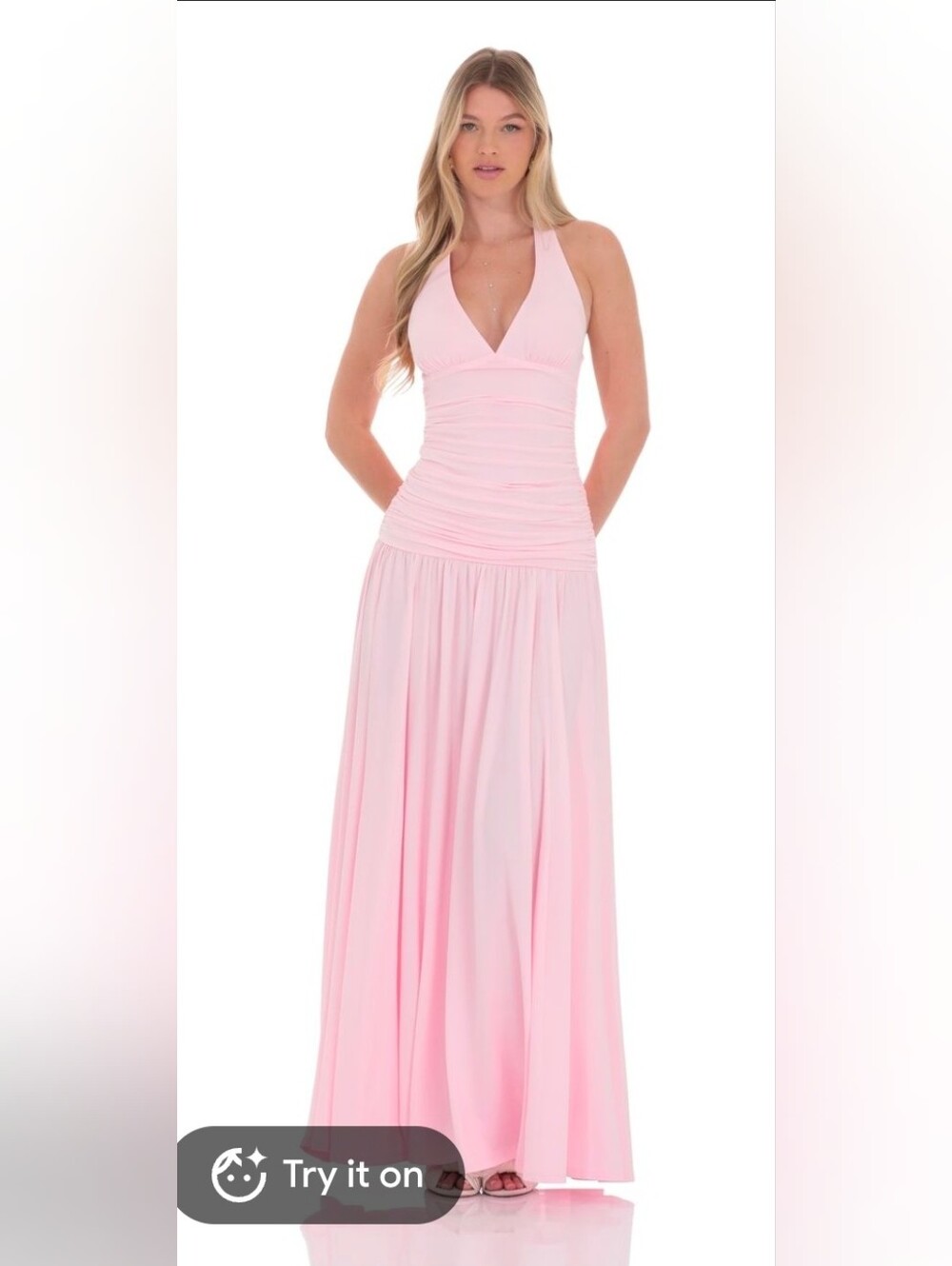 Lucy in the Sky Light Pink Halter Ruched Maxi Dress